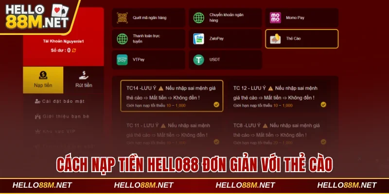 Cách nạp tiền Hello88 đơn giản với thẻ cào