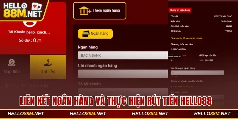 Liên kết ngân hàng và thực hiện rút tiền Hello88